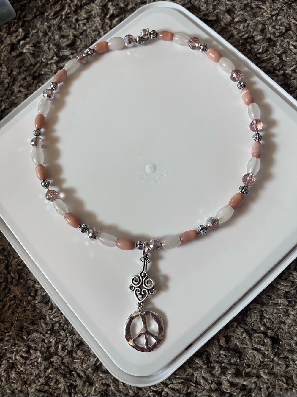 Handmade Pink & White Moonstone Beaded Necklace with Silver Peace Pendant